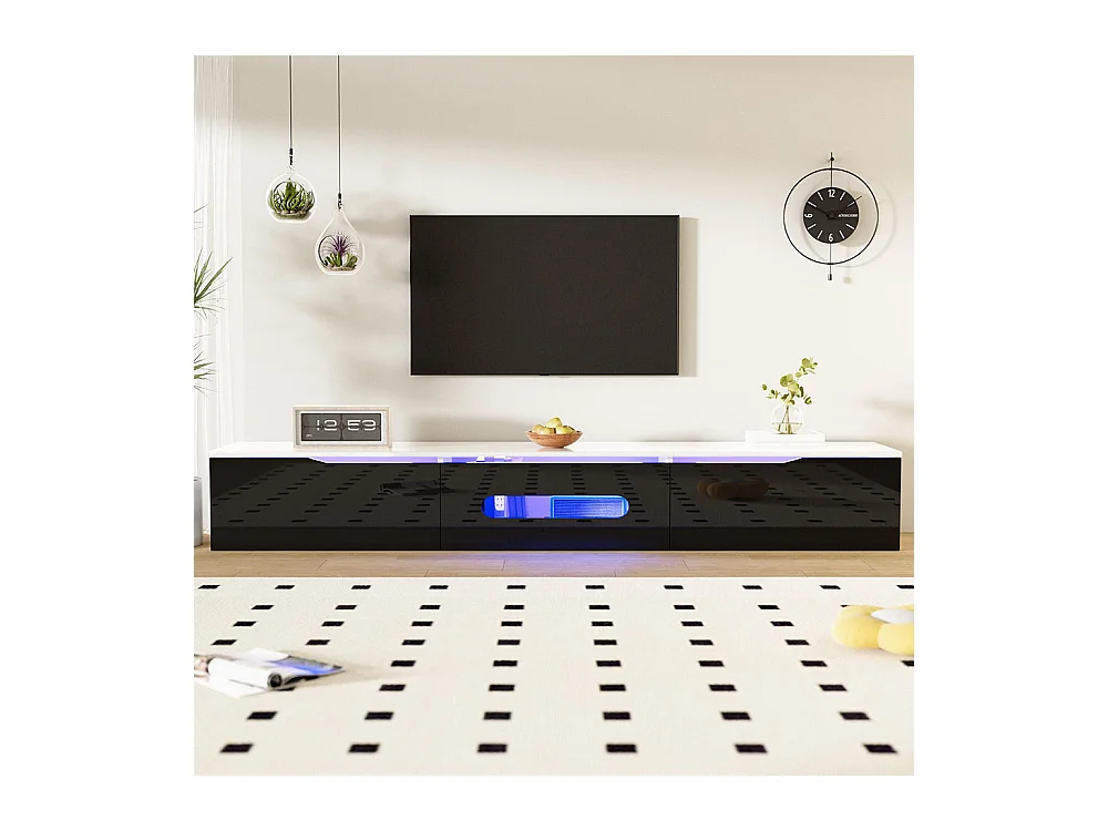 Zwart-wit TV-meubel, 180 cm lang, glanzend afgewerkt, met 16-kleuren LED-verlichting, aan de wand bevestigd