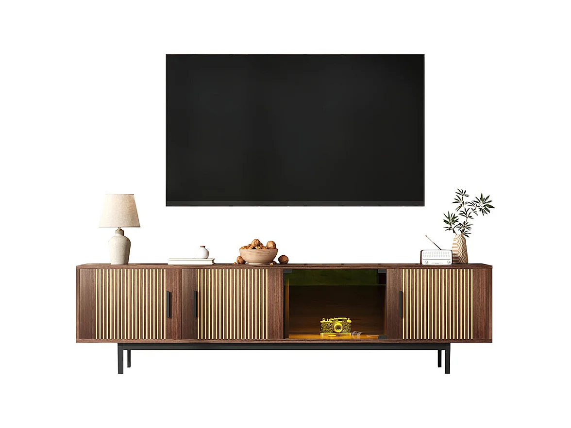 Meubles TV, meubles bas aux textures sculptées, meubles TV avec bandeaux lumineux LED et portes en verre trempé