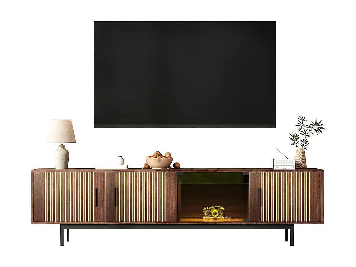 Meubles TV, meubles bas aux textures sculptées, meubles TV avec bandeaux lumineux LED et portes en verre trempé