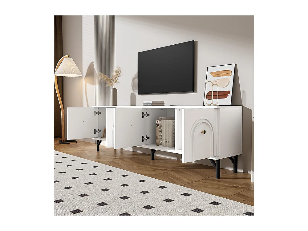 Meuble TV moderne 4 portes - Blanc, 160 cm - Design élégant, charnières soft close