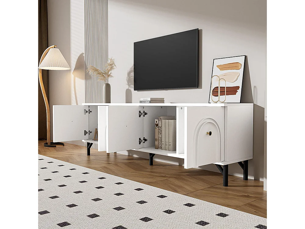 Meuble TV moderne 4 portes - Blanc, 160 cm - Design élégant, charnières soft close