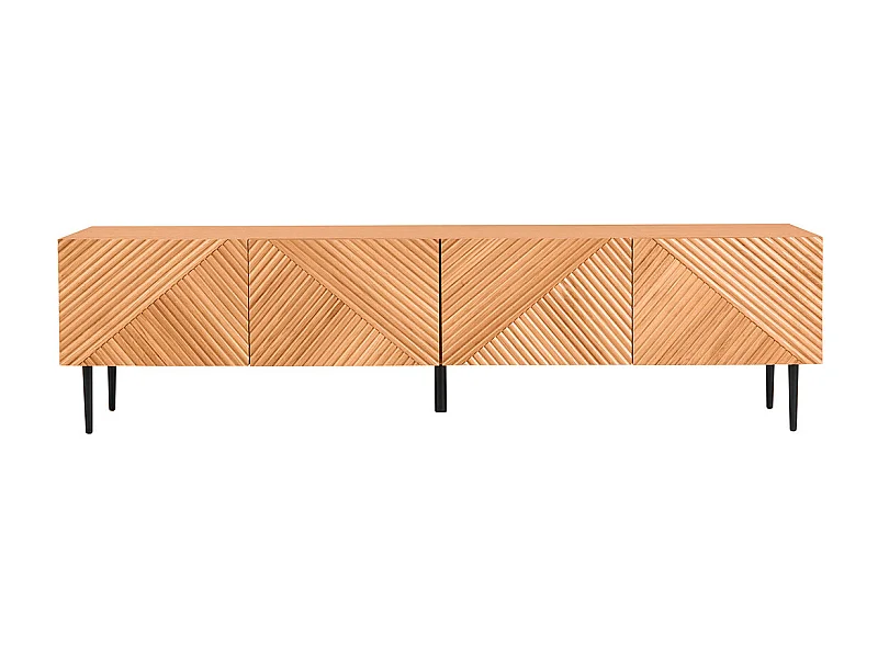 Mueble de TV diseño en madera clara roble macizo grabado y metal negro 4 puertas L180 cm ARCHIPEL