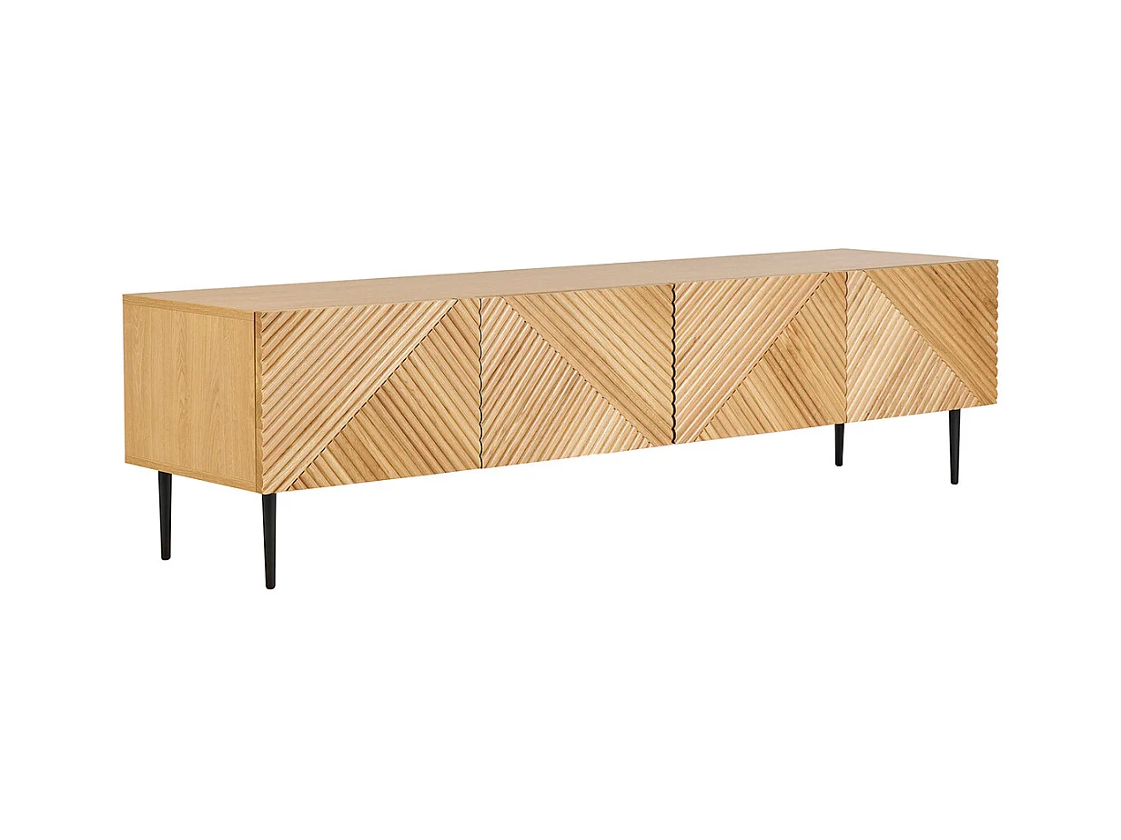 Meuble TV design en bois clair chêne massif gravé et métal noir 4 portes L180 cm ARCHIPEL