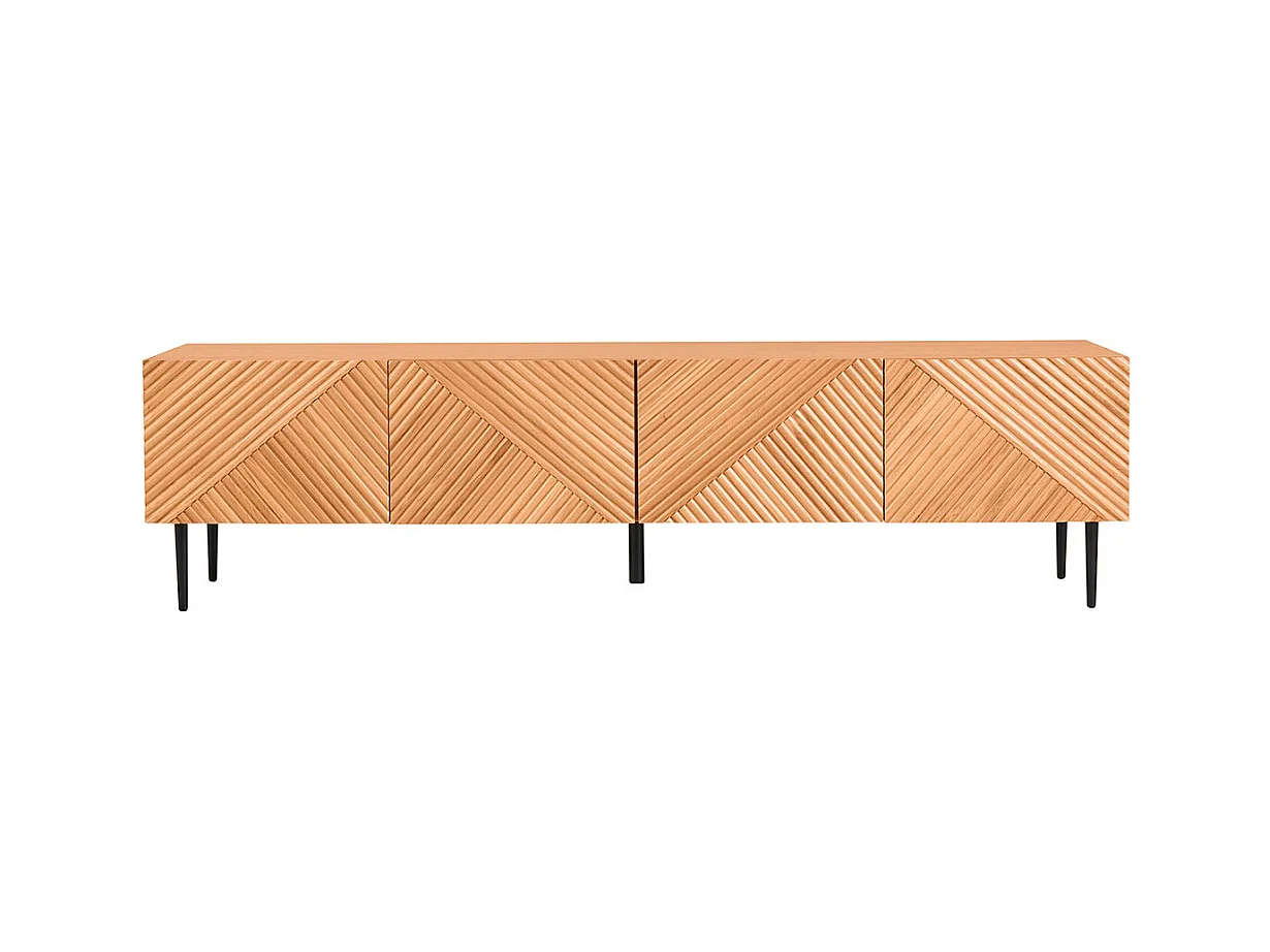 Mobile TV design in legno chiaro massello di quercia inciso e metallo nero 4 ante L180 cm ARCHIPEL