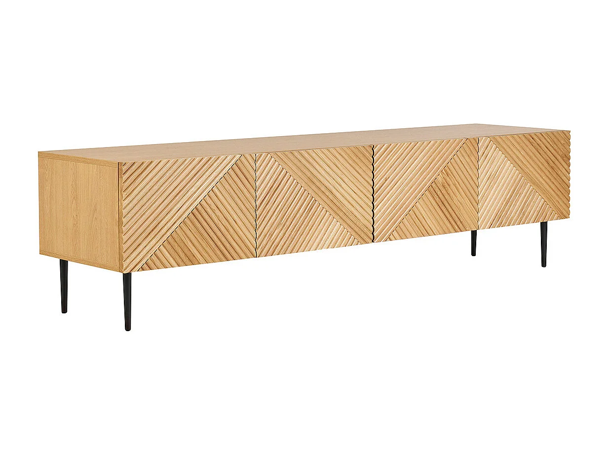 Mueble de TV diseño en madera clara roble macizo grabado y metal negro 4 puertas L180 cm ARCHIPEL