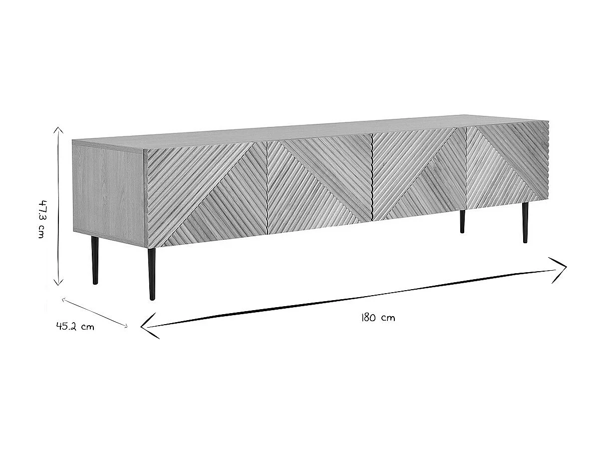Mueble de TV diseño en madera clara roble macizo grabado y metal negro 4 puertas L180 cm ARCHIPEL