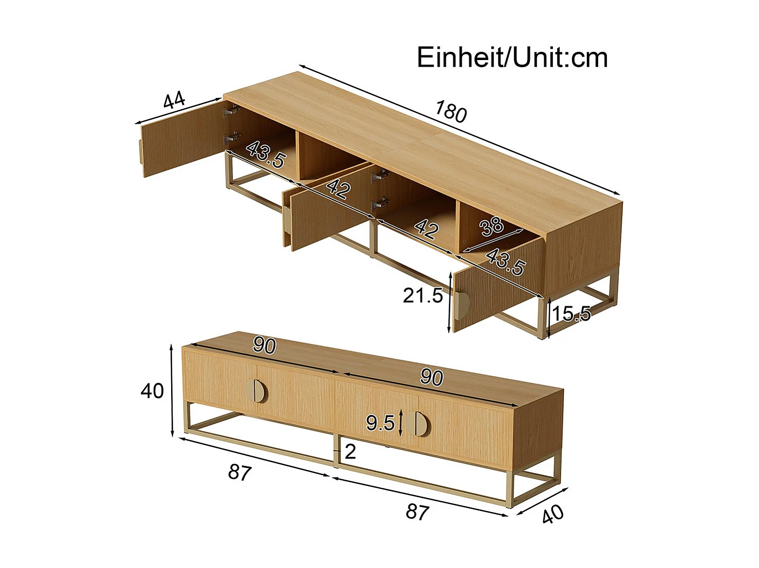 Móvel para televisão em madeira de 180 cm - Móvel moderno para sala de jantar, 4 portas, puxadores semi-circulares