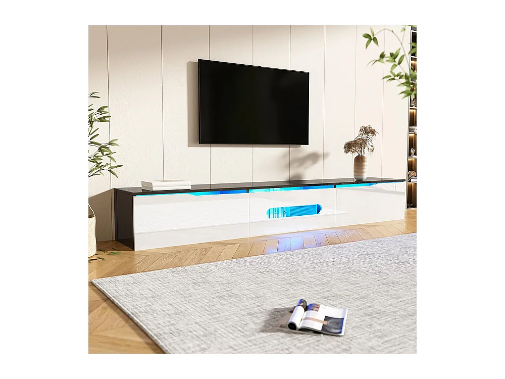 Meuble TV noir et blanc, 180 cm de long, finition brillante, avec éclairage LED 16 couleurs, fixation murale