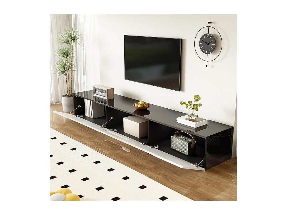 Meuble TV noir et blanc, 180 cm de long, finition brillante, avec éclairage LED 16 couleurs, fixation murale