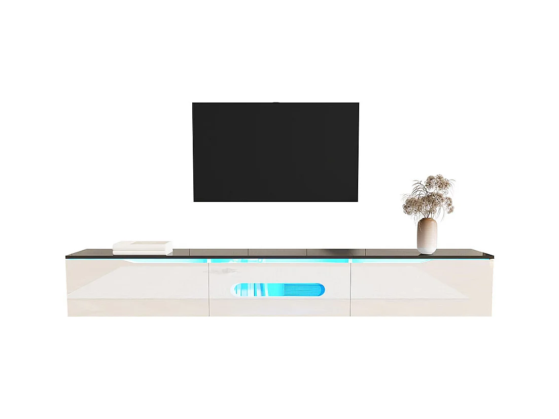 Meuble TV noir et blanc, 180 cm de long, finition brillante, avec éclairage LED 16 couleurs, fixation murale