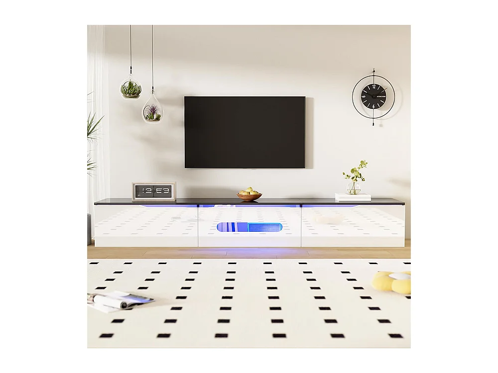 Zwart-wit TV-meubel, 180 cm lang, hoogglans afgewerkt, met 16-kleuren LED-verlichting, aan de wand bevestigd