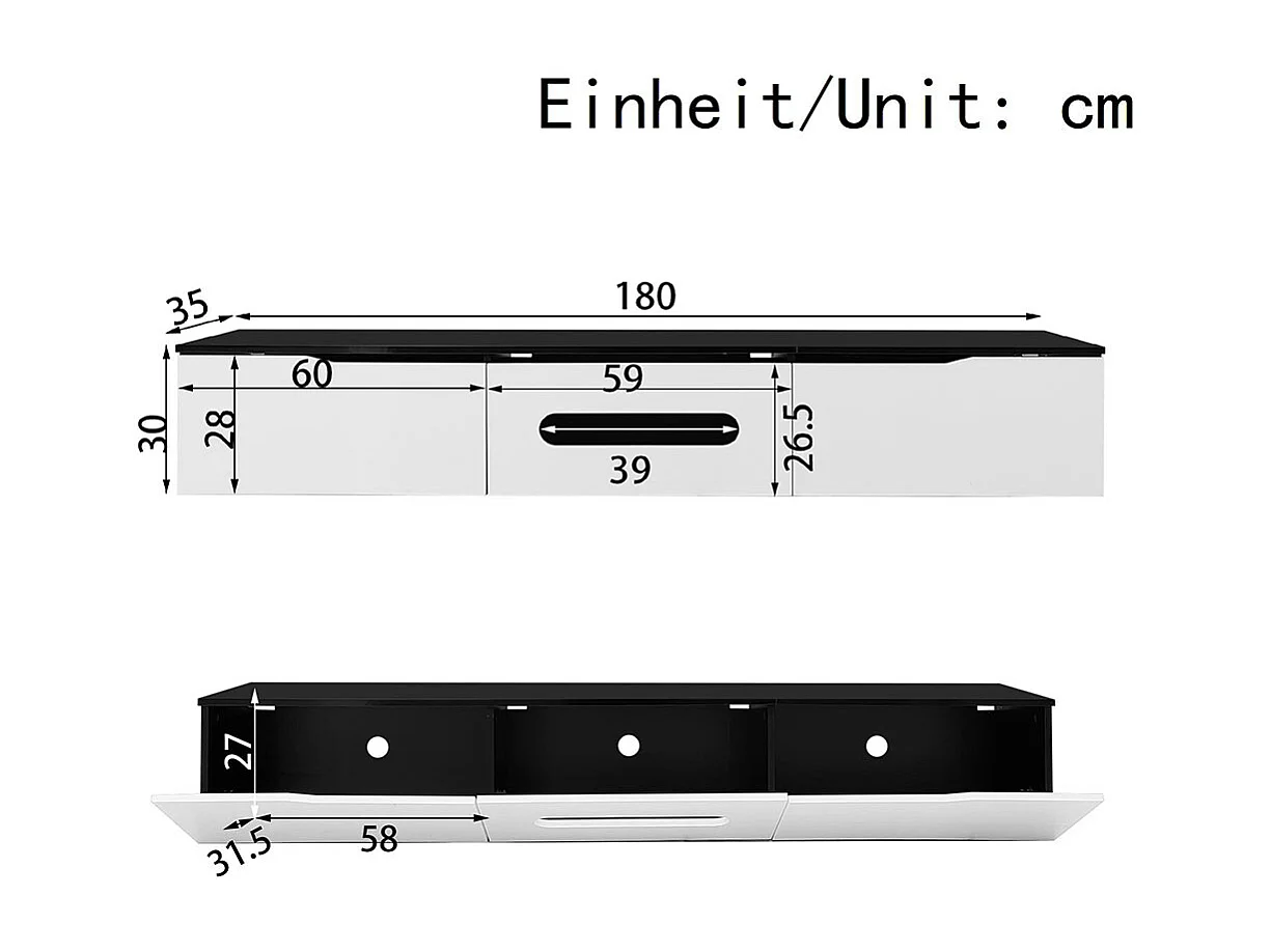 Meuble TV noir et blanc, 180 cm de long, finition brillante, avec éclairage LED 16 couleurs, fixation murale