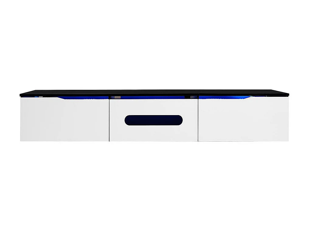 Meuble TV noir et blanc, 180 cm de long, finition brillante, avec éclairage LED 16 couleurs, fixation murale