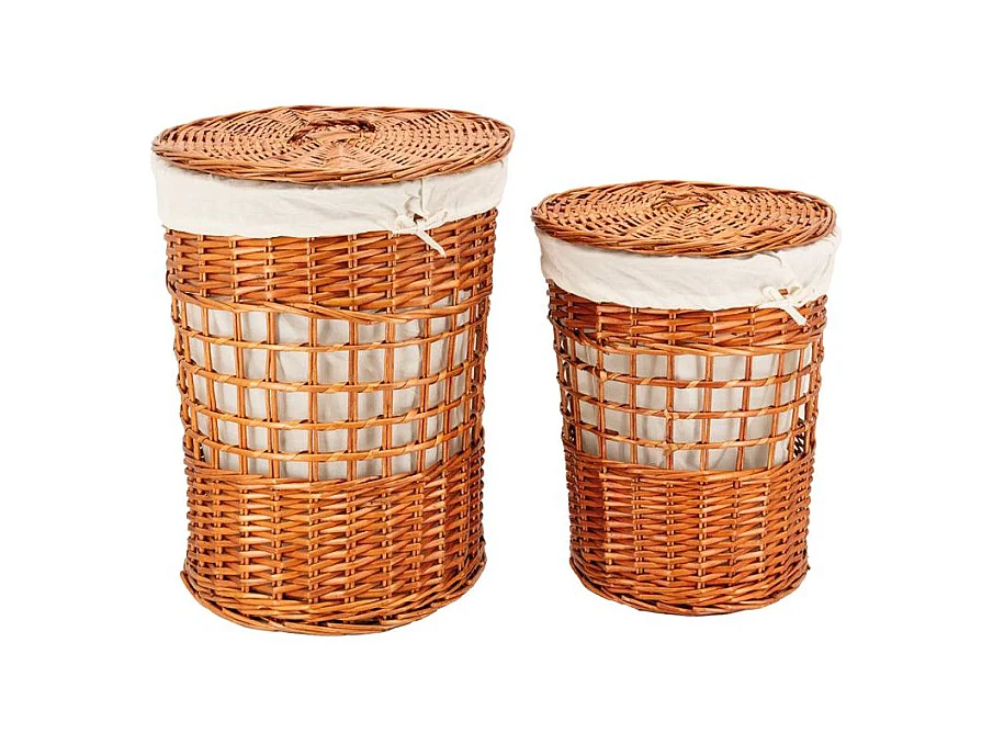 Set de 2 coffres à linge en osier naturel – Avec doublure coton et couvercle