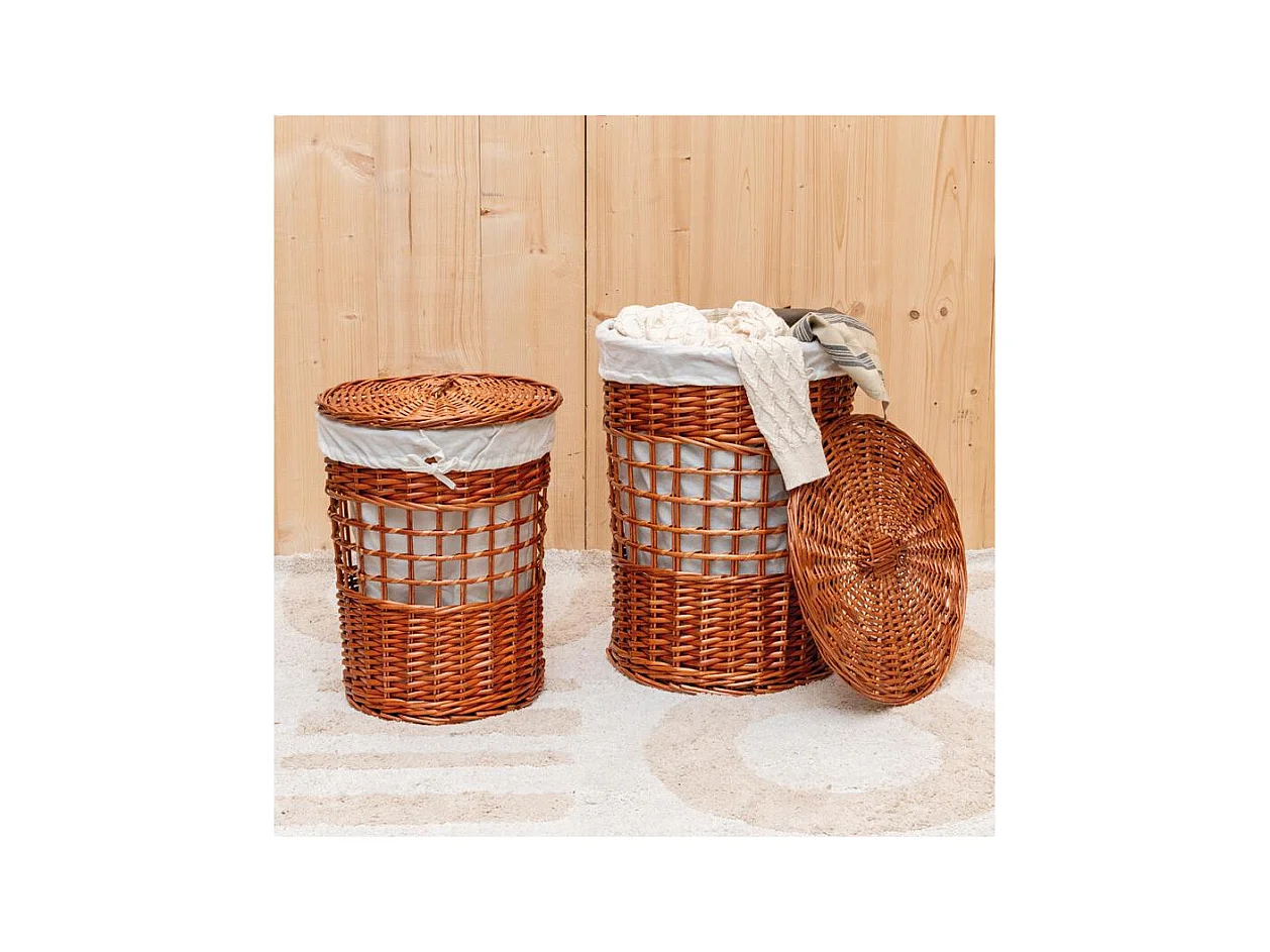 Set de 2 coffres à linge en osier naturel – Avec doublure coton et couvercle
