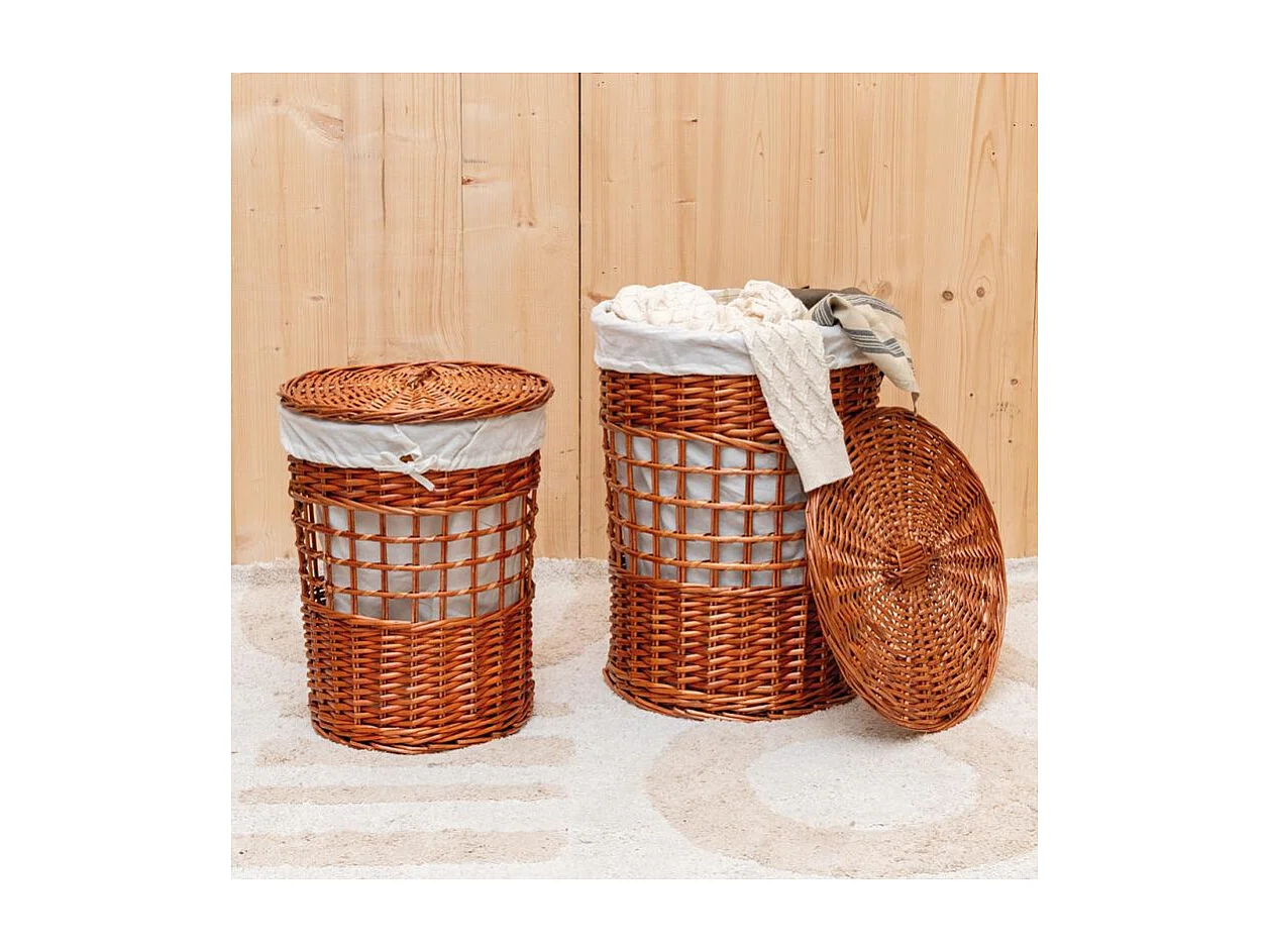 Set de 2 coffres à linge en osier naturel – Avec doublure coton et couvercle