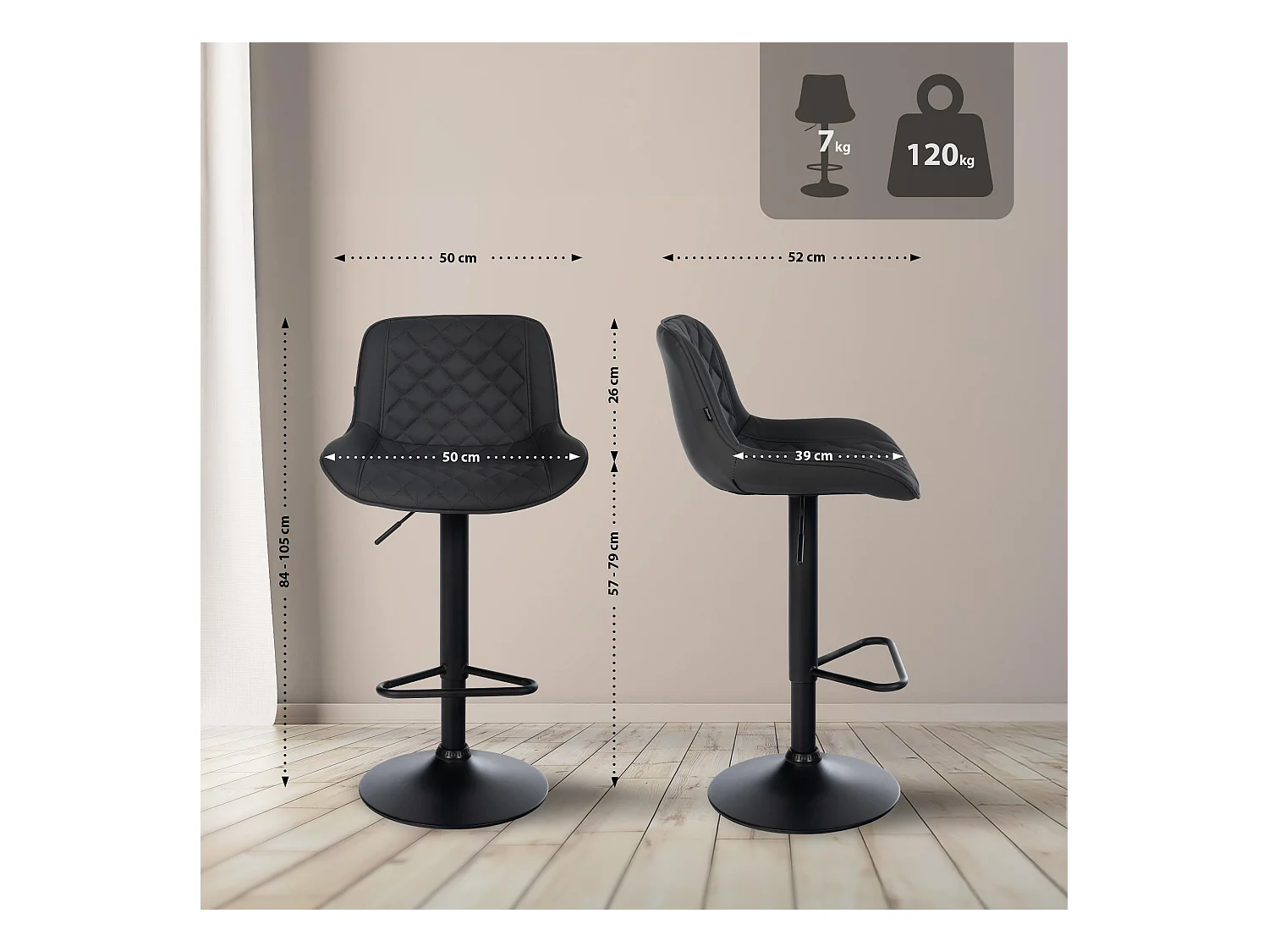 Tabouret de bar - Similicuir - Noir - Kasson