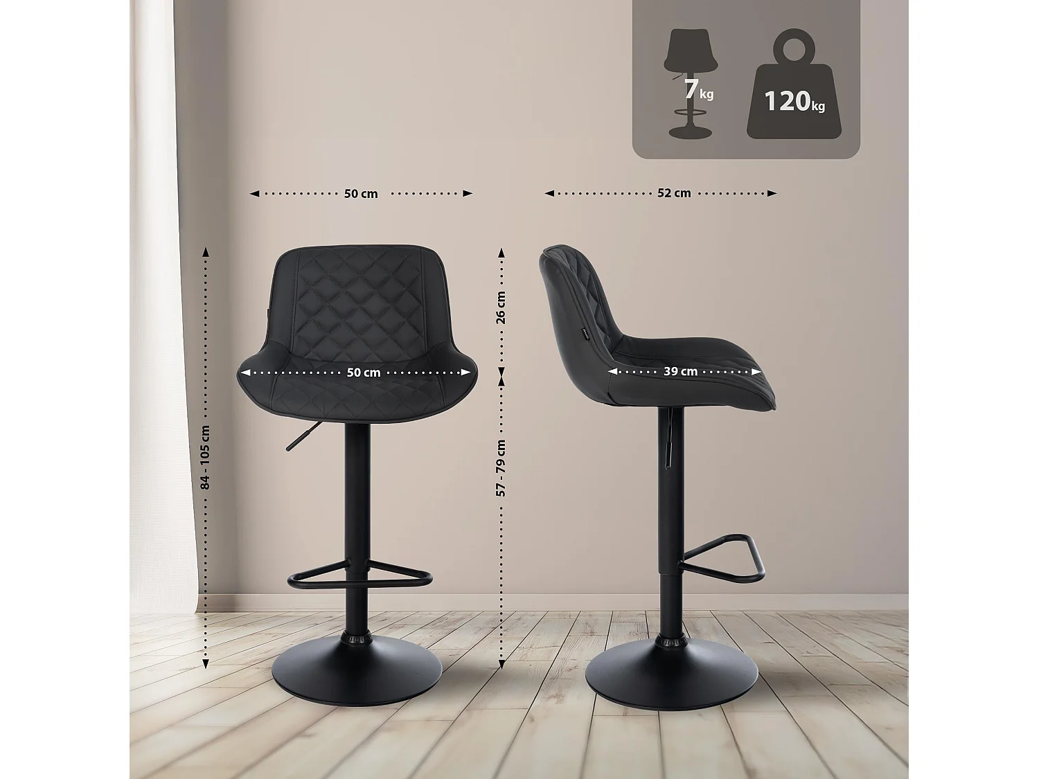 Tabouret de bar - Similicuir - Noir - Kasson