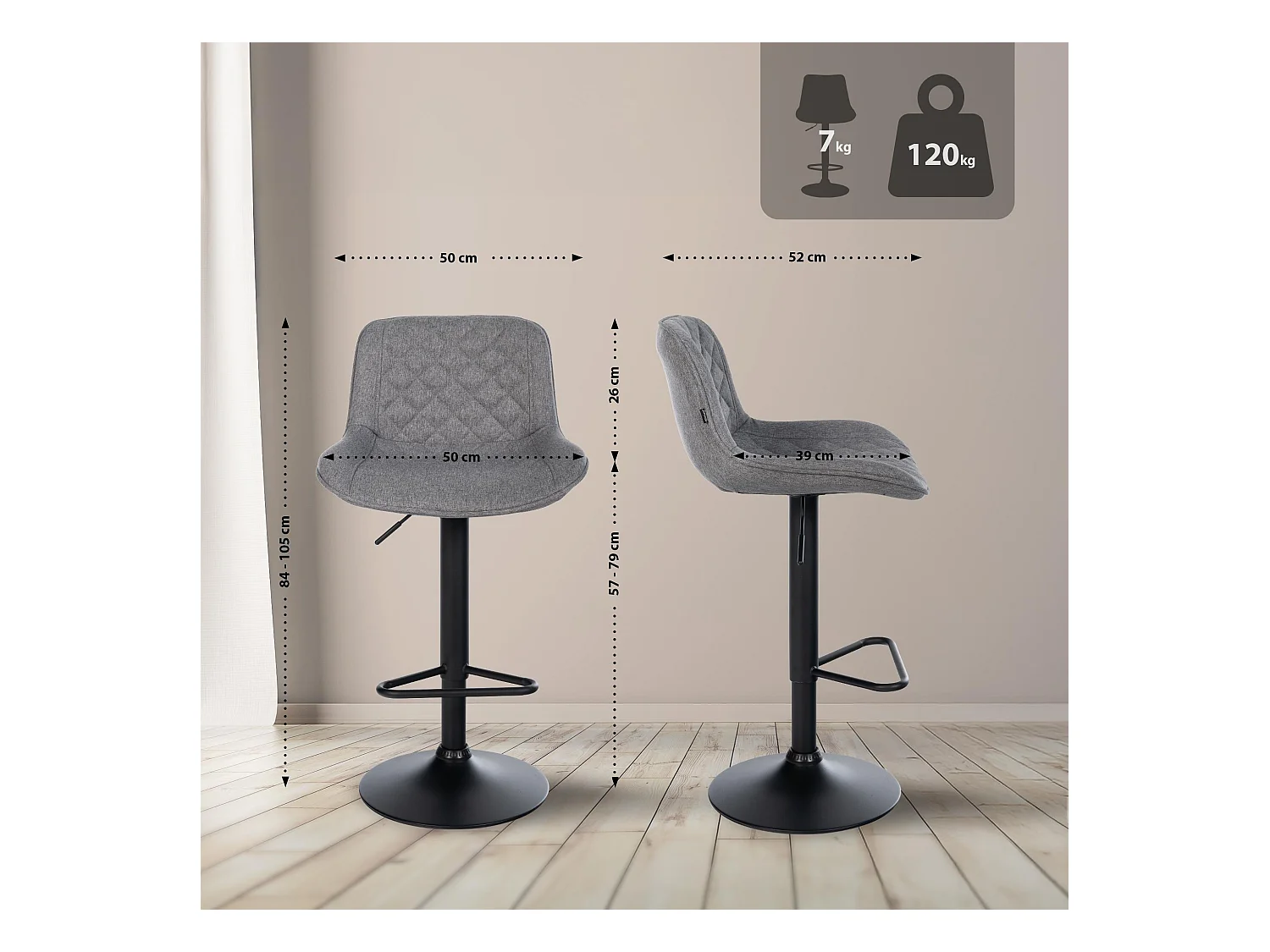 Tabouret de bar - Tissu - Gris foncé - Kasson