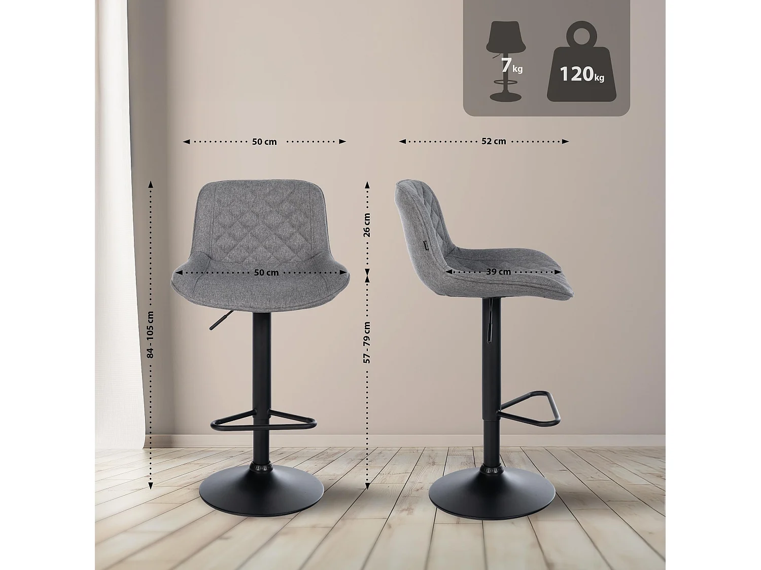Tabouret de bar - Tissu - Gris foncé - Kasson