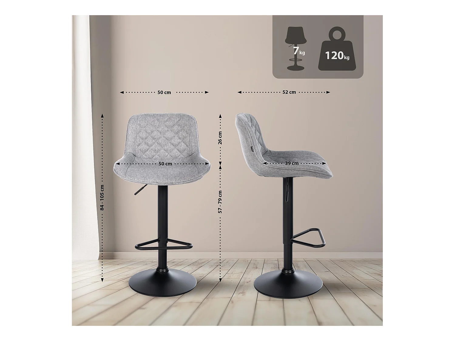 Tabouret de bar - Tissu - Gris - Kasson