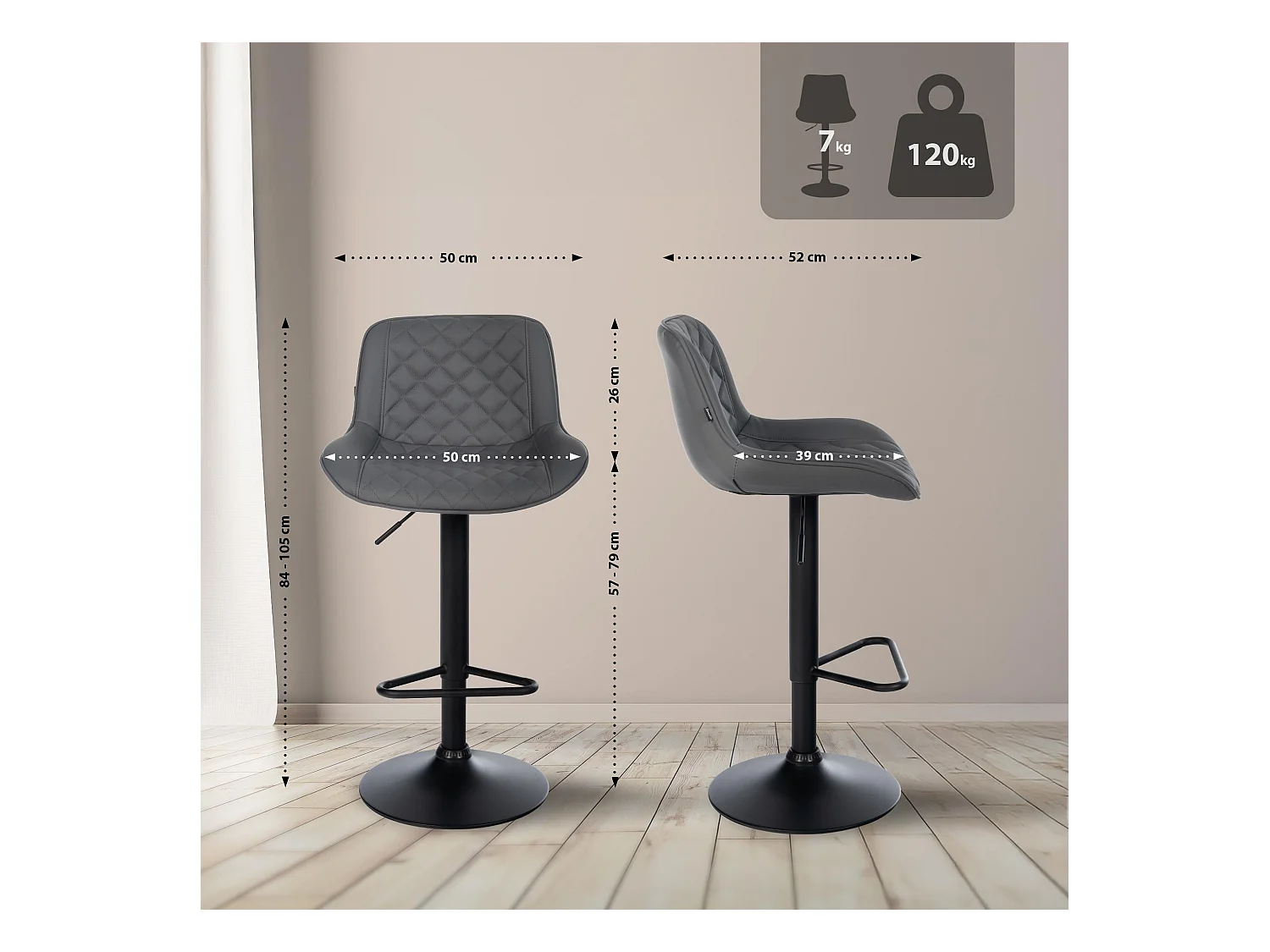 Tabouret de bar - Similicuir - Gris - Kasson