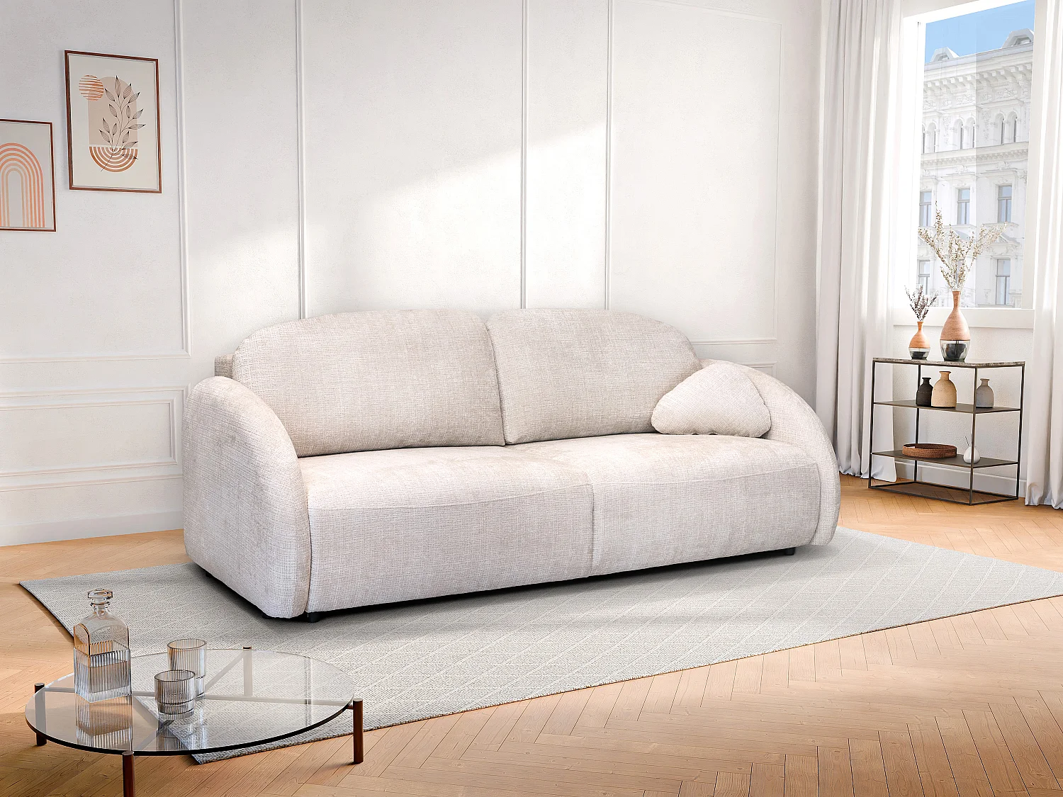 Canapé 3 places convertible en tissu chenille beige AVOLINE