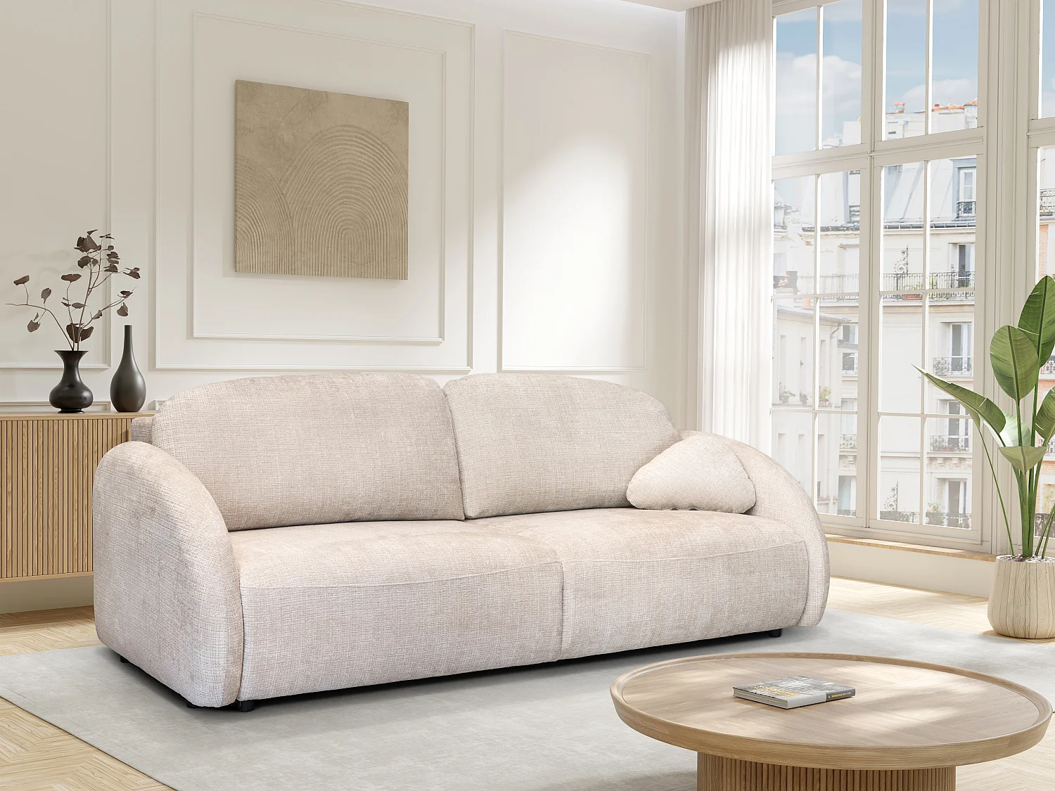 Canapé 3 places convertible en tissu chenille beige AVOLINE