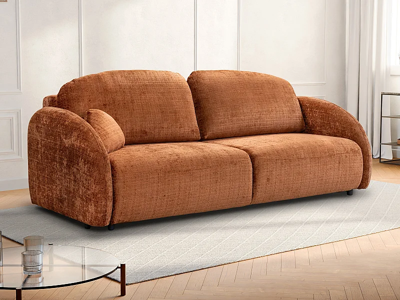 Canapé 3 places convertible en tissu chenille terracotta AVOLINE