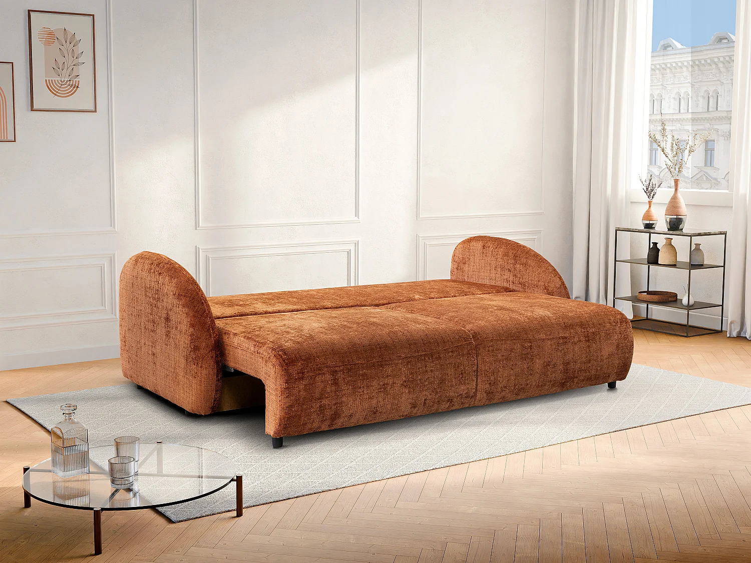 Canapé 3 places convertible en tissu chenille terracotta AVOLINE