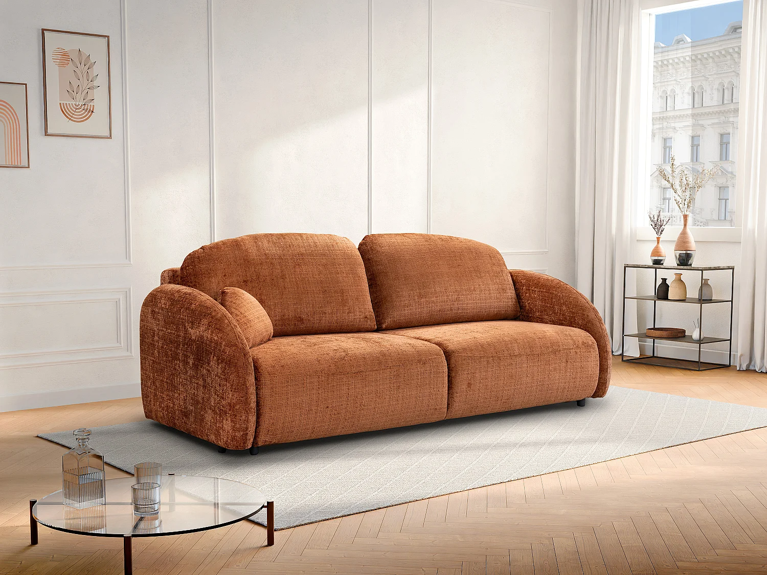 Canapé 3 places convertible en tissu chenille terracotta AVOLINE