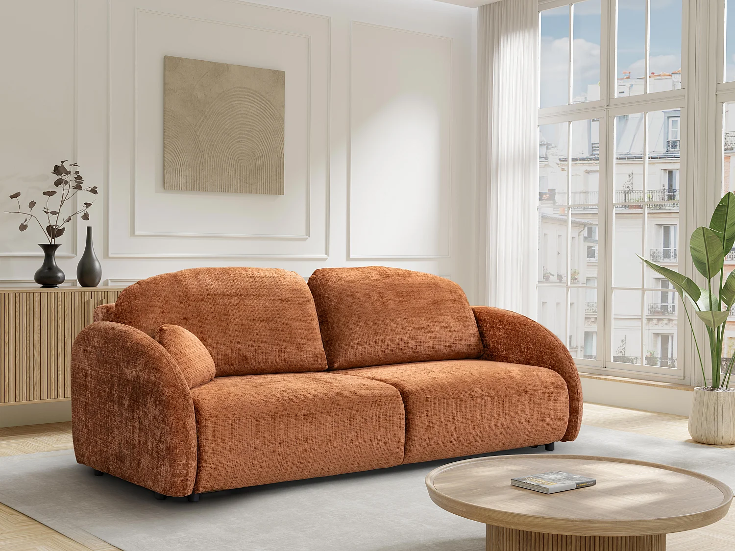 Canapé 3 places convertible en tissu chenille terracotta AVOLINE