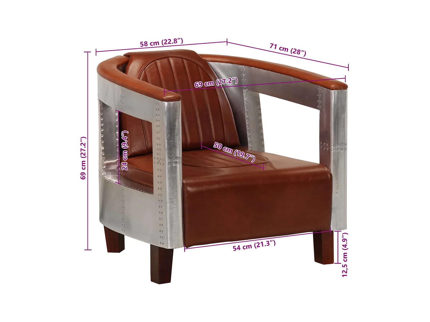 Poltrona aviador em couro genuíno castanho