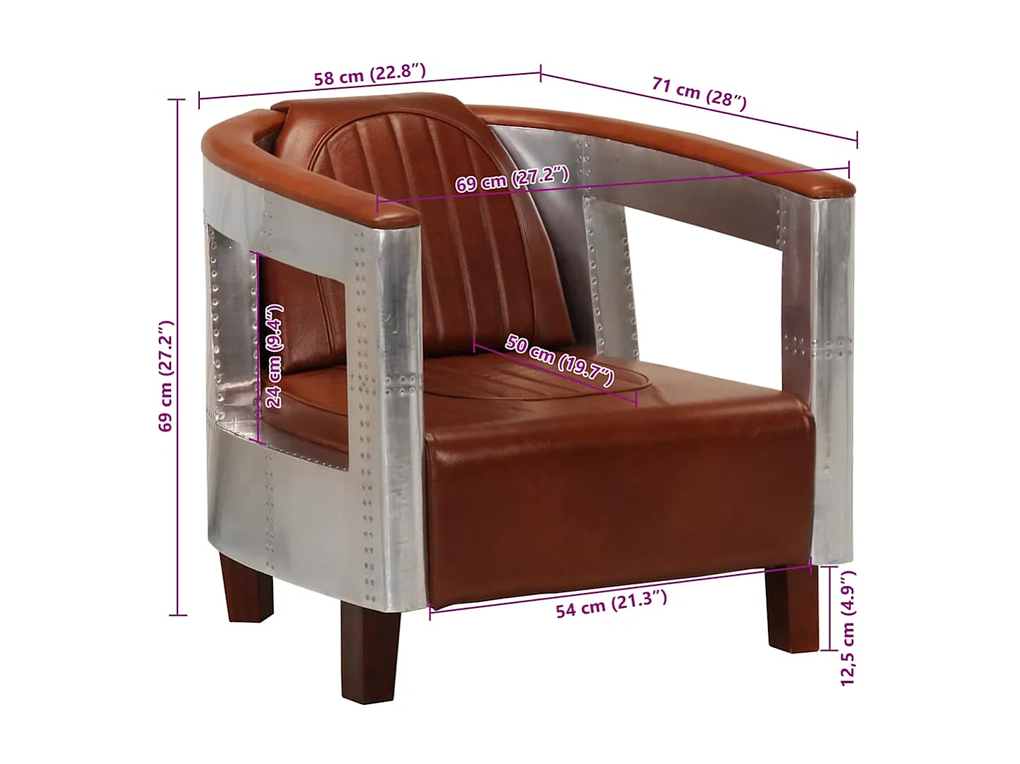 Fauteuil luchtvaartstijl echt leer bruin