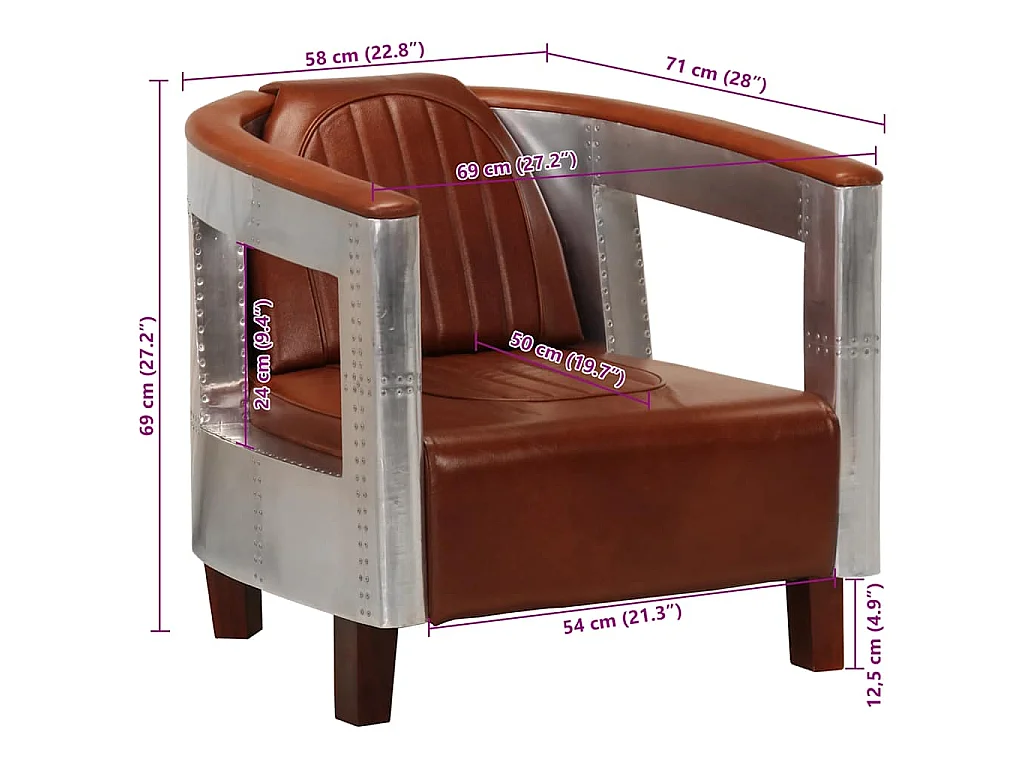Fauteuil en style d'aviation marron cuir véritable
