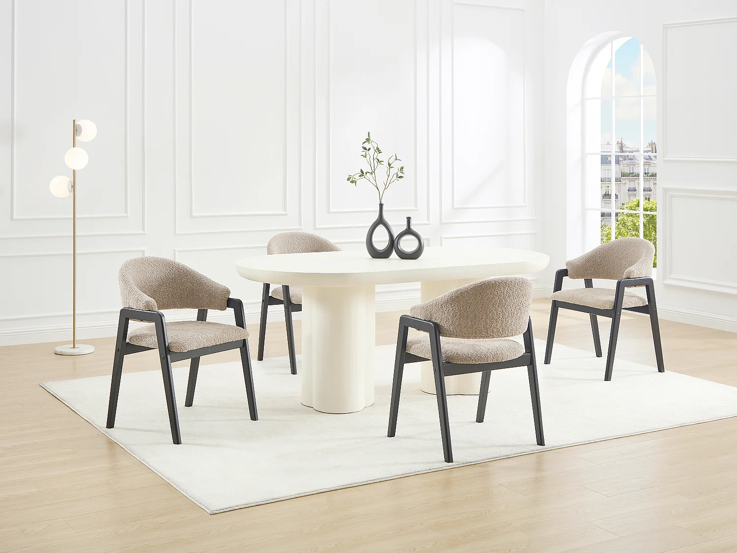 Lot de 2 chaises avec accoudoirs en tissu bouclette et bois d'hévéa - Taupe et noir - SOLUNA