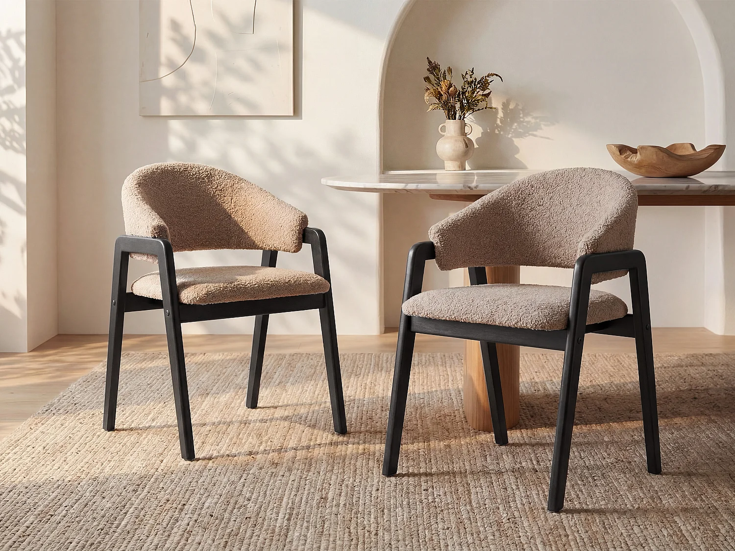 Set of 2 chairs with armrests in curl fabric and hevea wood - Taupe and black SOLUNA