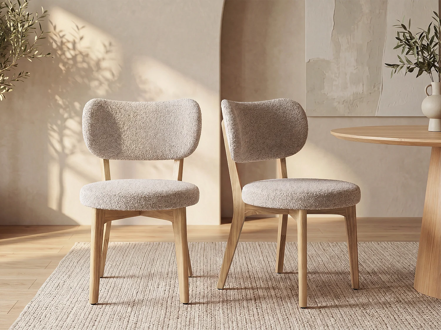 Set van 2 stoelen in bouclé stof en rubberhout - Taupe - TORIEL