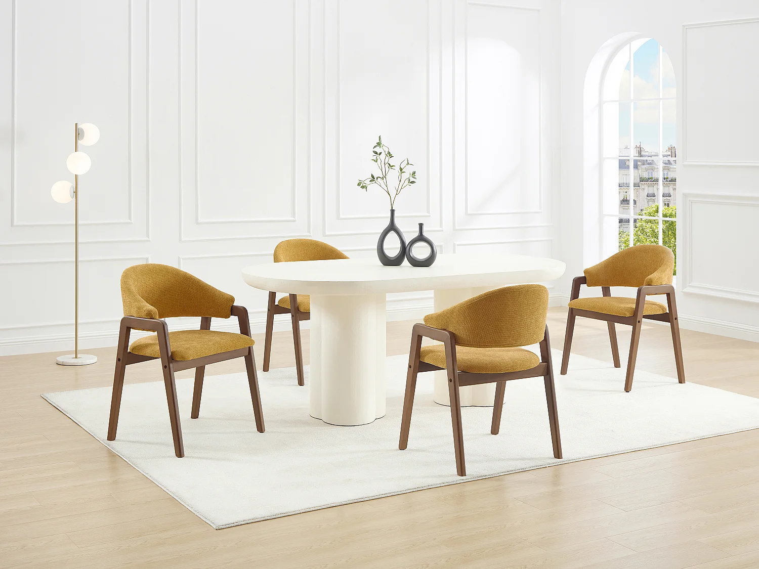 Lot de 2 chaises avec accoudoirs en tissu texturé et bois d'hévéa - Jaune et naturel foncé - SOLUNA