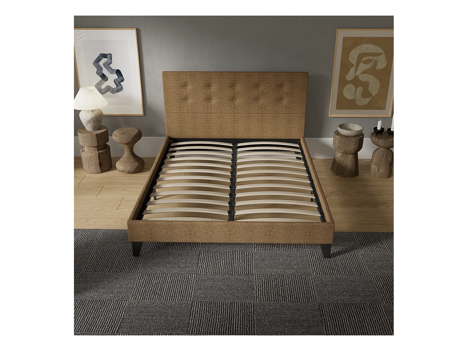 Lit 160x200 cm avec tête de lit tissu couleur brun