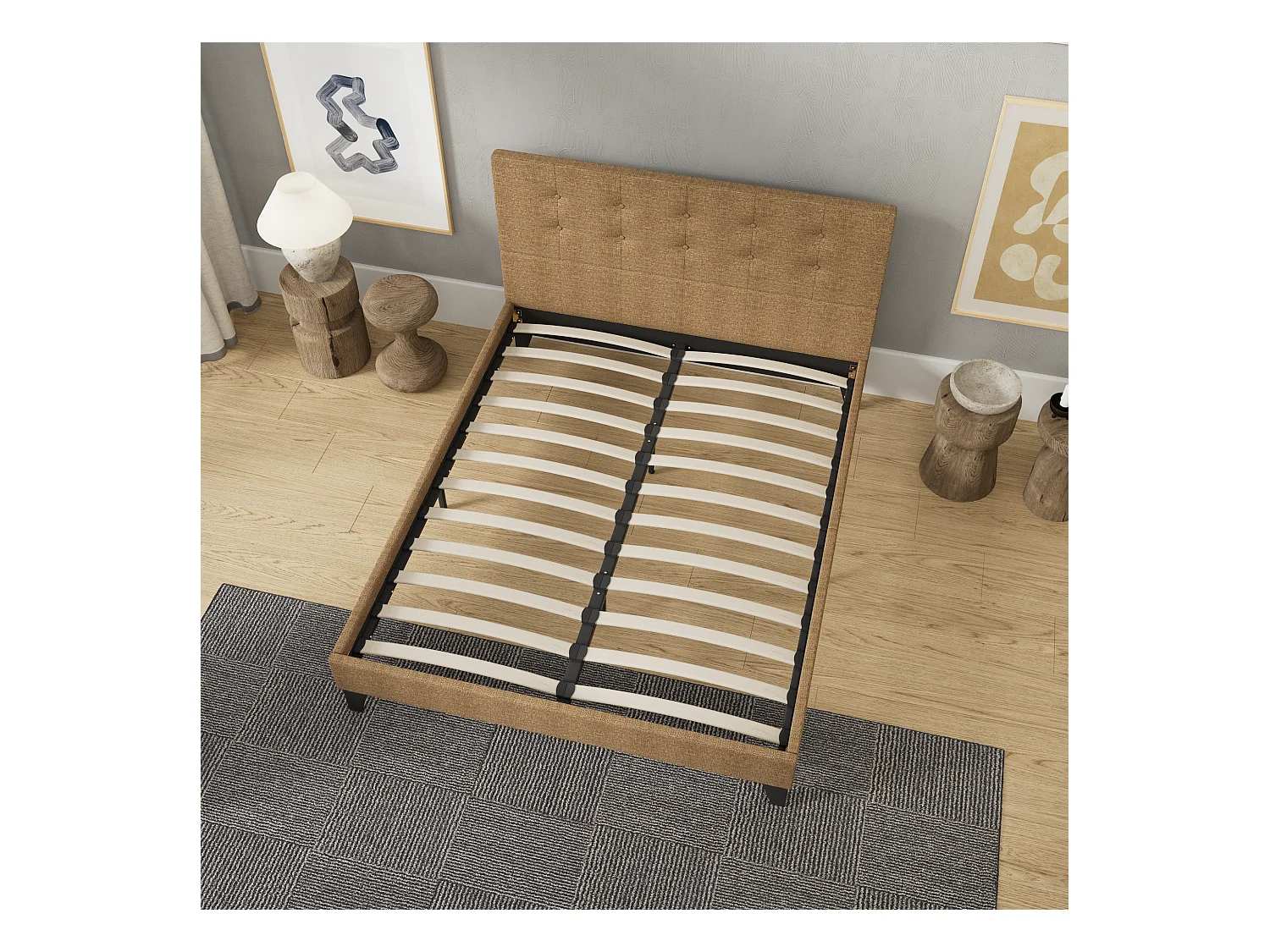 Lit 160x200 cm avec tête de lit tissu couleur brun