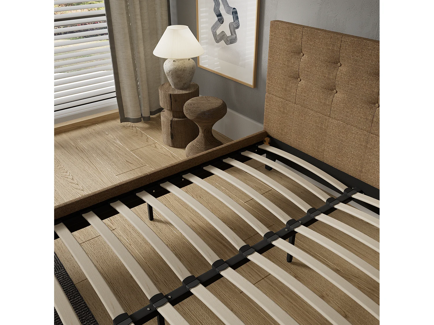 Lit 160x200 cm avec tête de lit tissu couleur brun