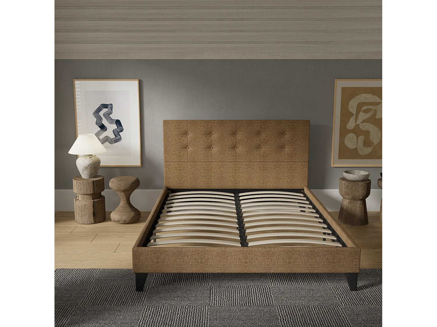 Lit 160x200 cm avec tête de lit tissu couleur brun