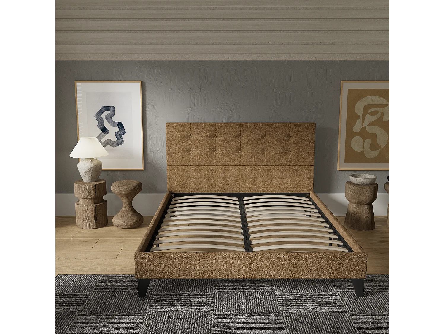Lit 160x200 cm avec tête de lit tissu couleur brun