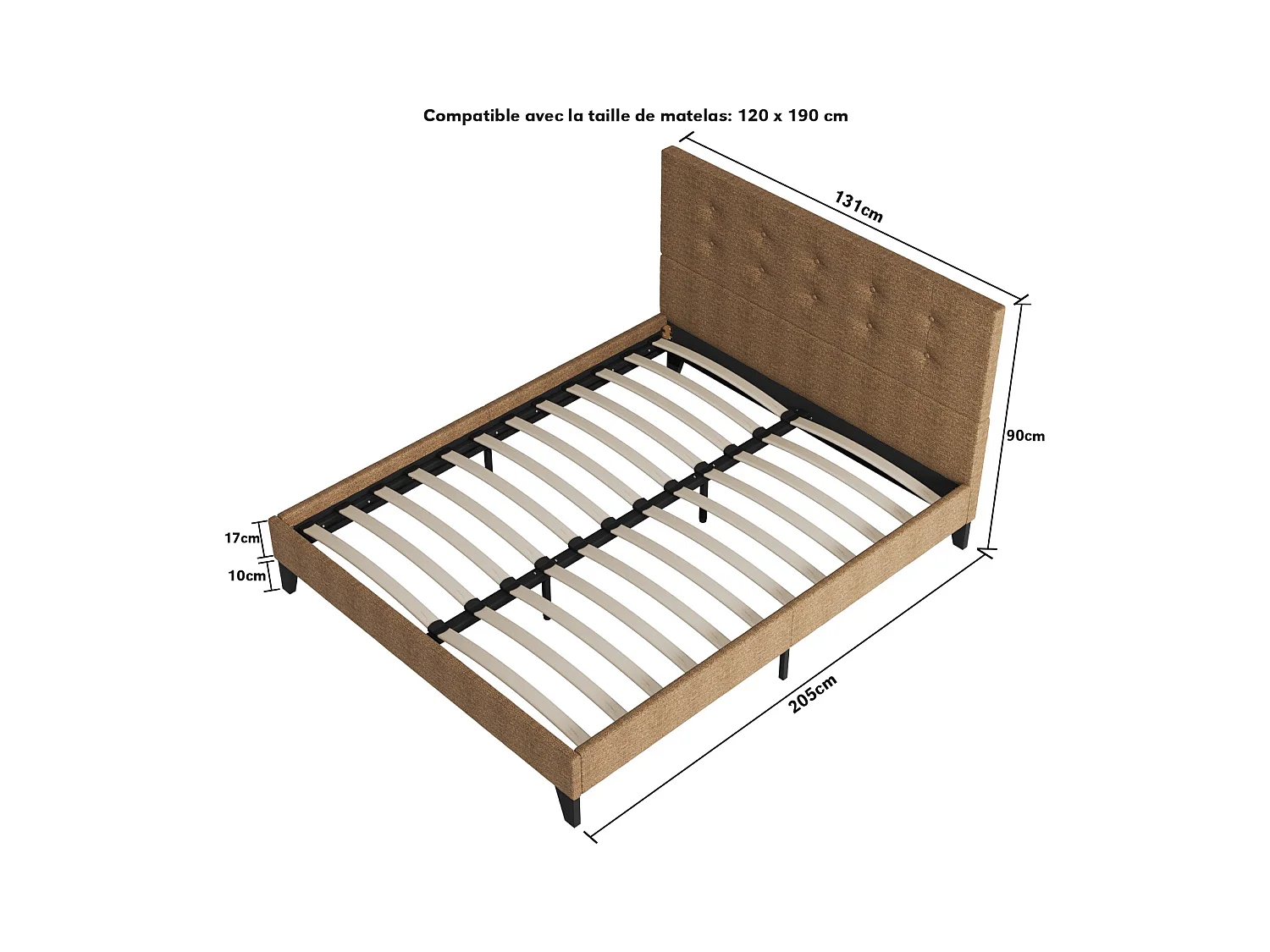 Lit 120x190 cm avec tête de lit tissu couleur brun