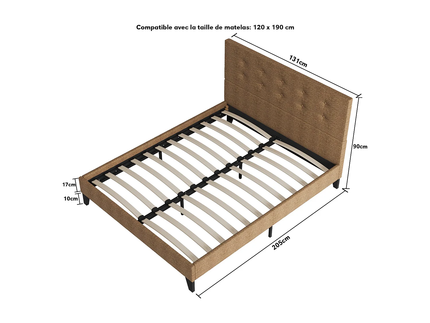 Lit 120x190 cm avec tête de lit tissu couleur brun