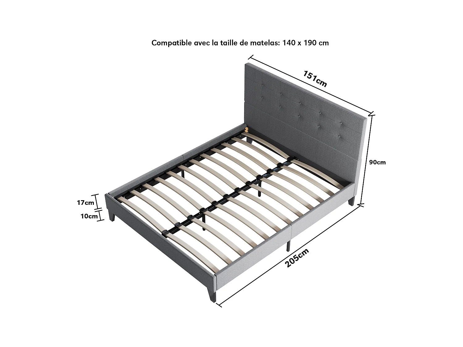 Lit 140x190 cm avec tête de lit tissu couleur gris