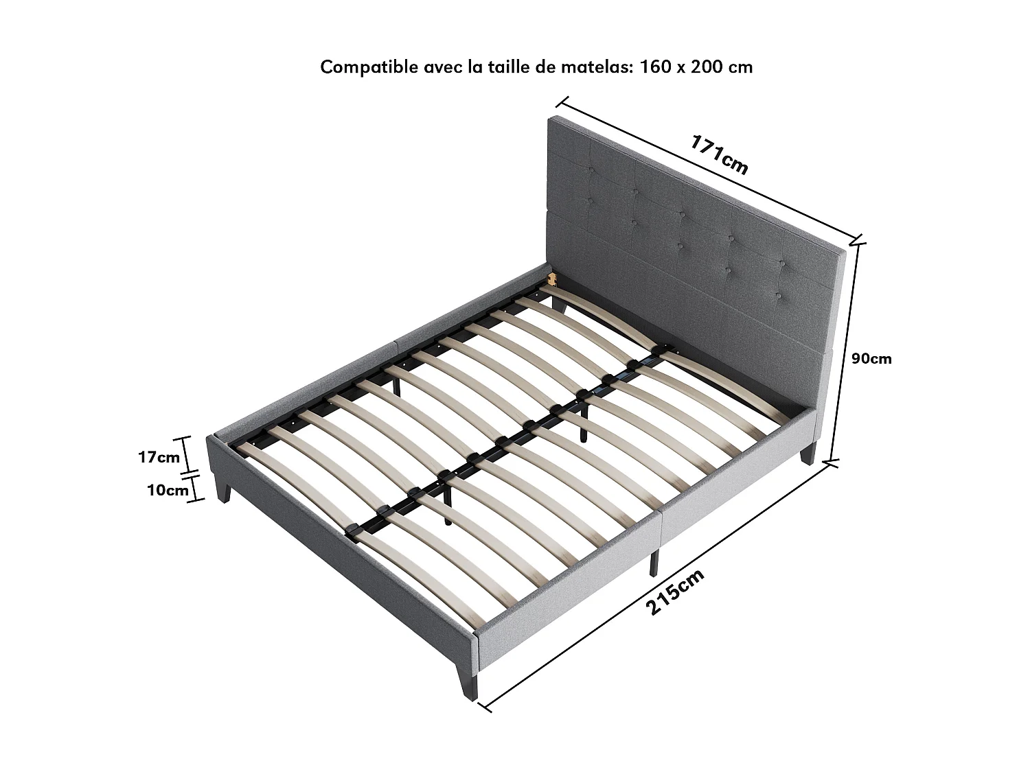 Lit 160x200 cm avec tête de lit tissu couleur gris