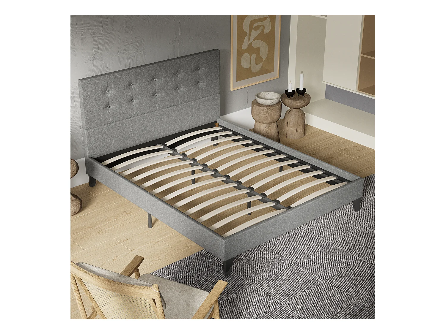 Lit 140x200 cm avec tête de lit tissu couleur gris