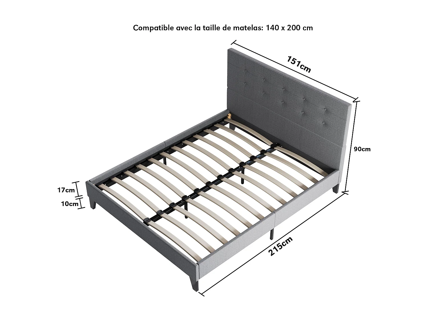 Lit 140x200 cm avec tête de lit tissu couleur gris